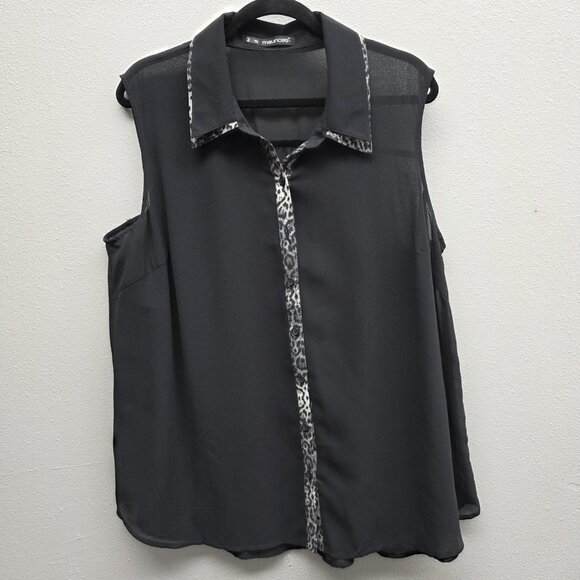 Maurices Shirt Womens 2X Black Sleeveless Button Sheer Leopard Trim Chiffon - Picture 1 of 9